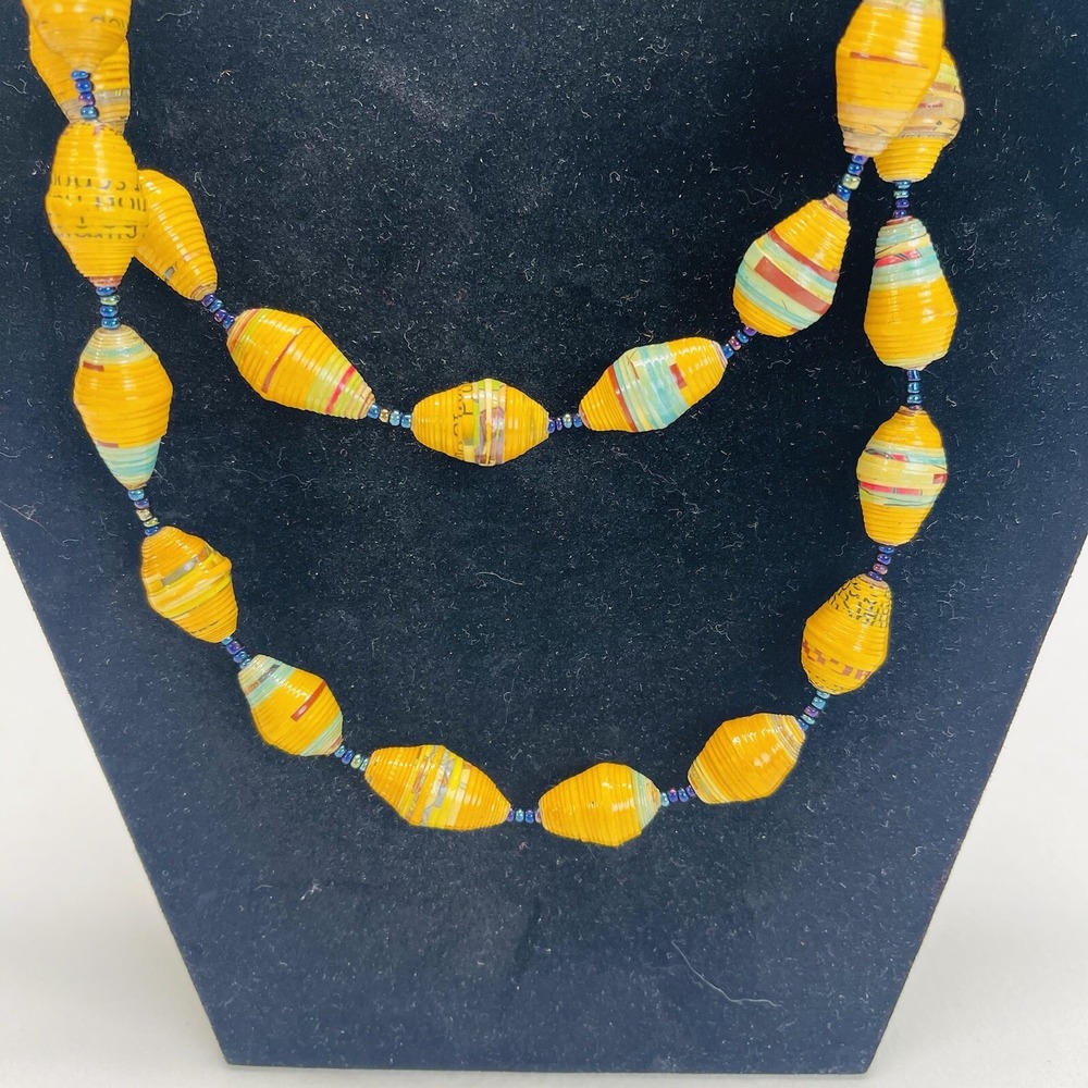 Vintage Handmade Paper Bead Necklace Yellow Boho Long 35" Artsy Retro Statement